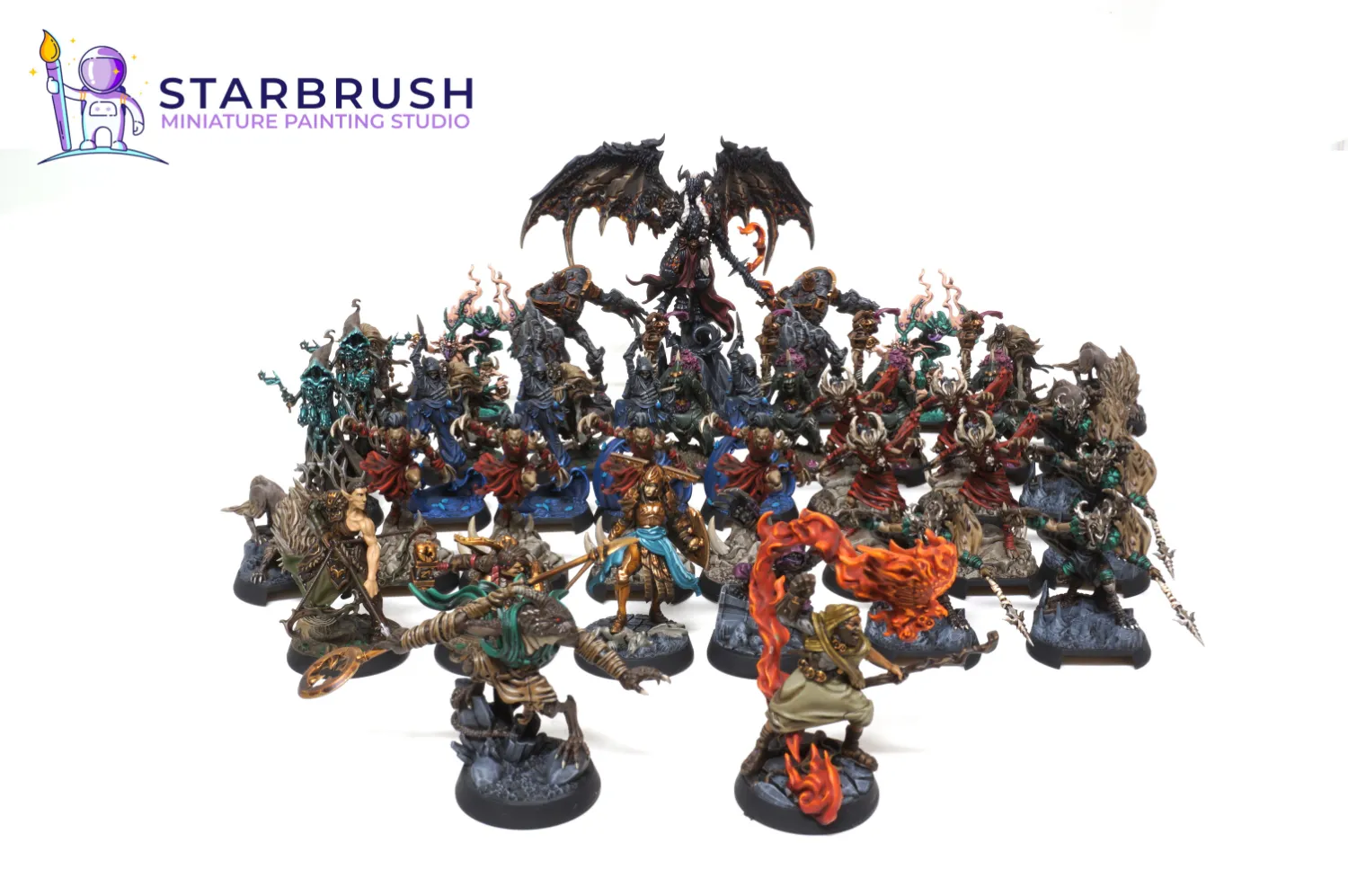 Descent Legends of the Dark heroes with fire OSL effect on the sorcerer painted to Level 3 by Starbrush Studio