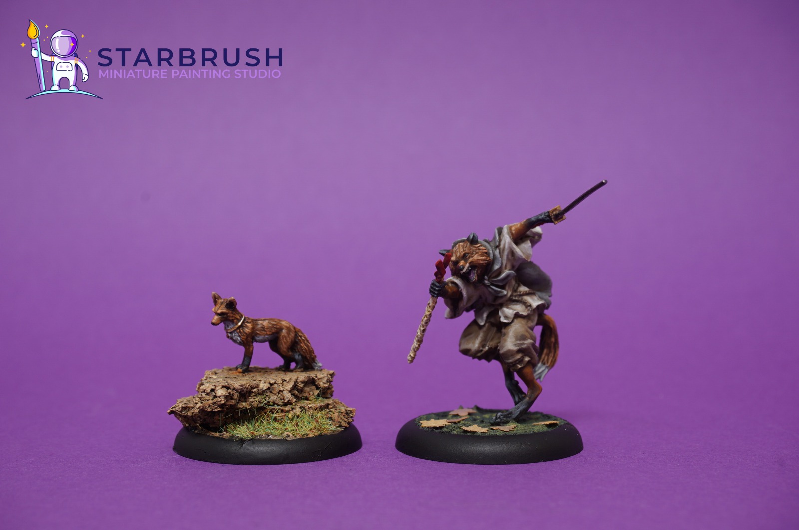 Kami fox on a scenic rock and monk with trained crow from Bushido painted to Level 3