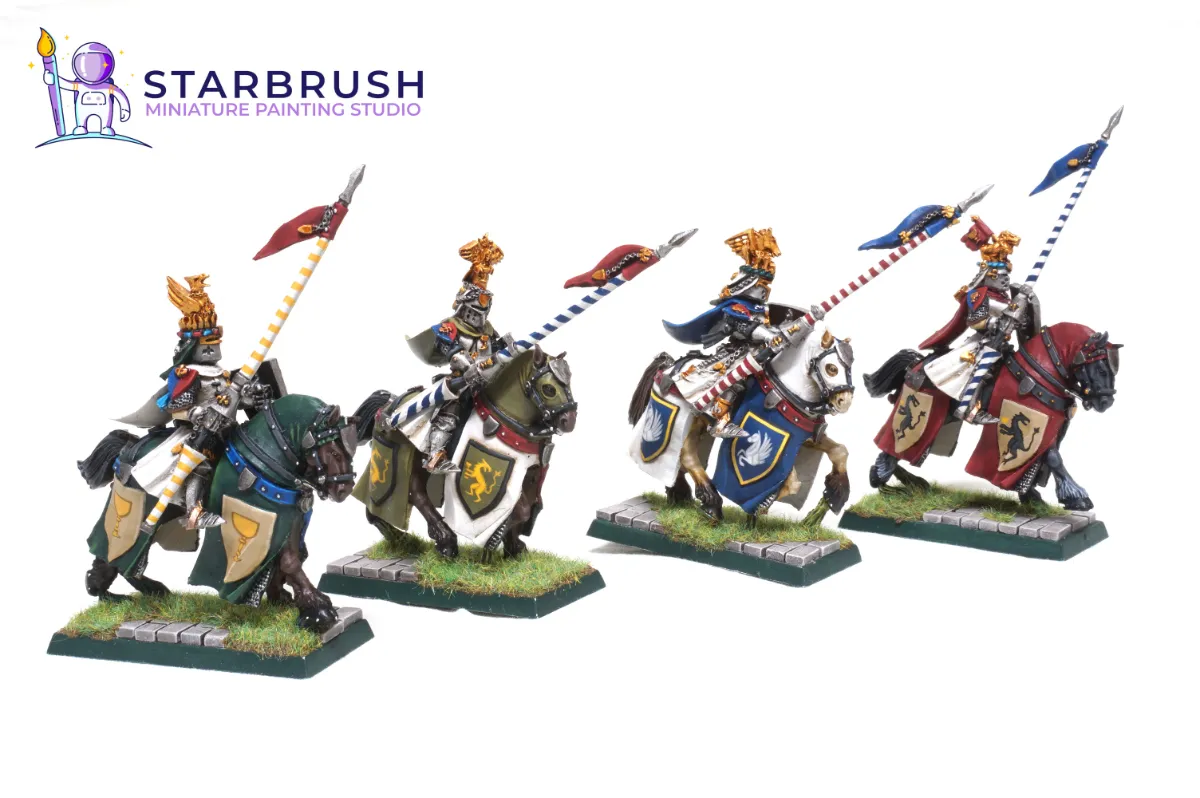 Caballeros del Grial de Bretonia con cimeras doradas y banderines de lanza pintados a Nivel 4 por Starbrush Studio