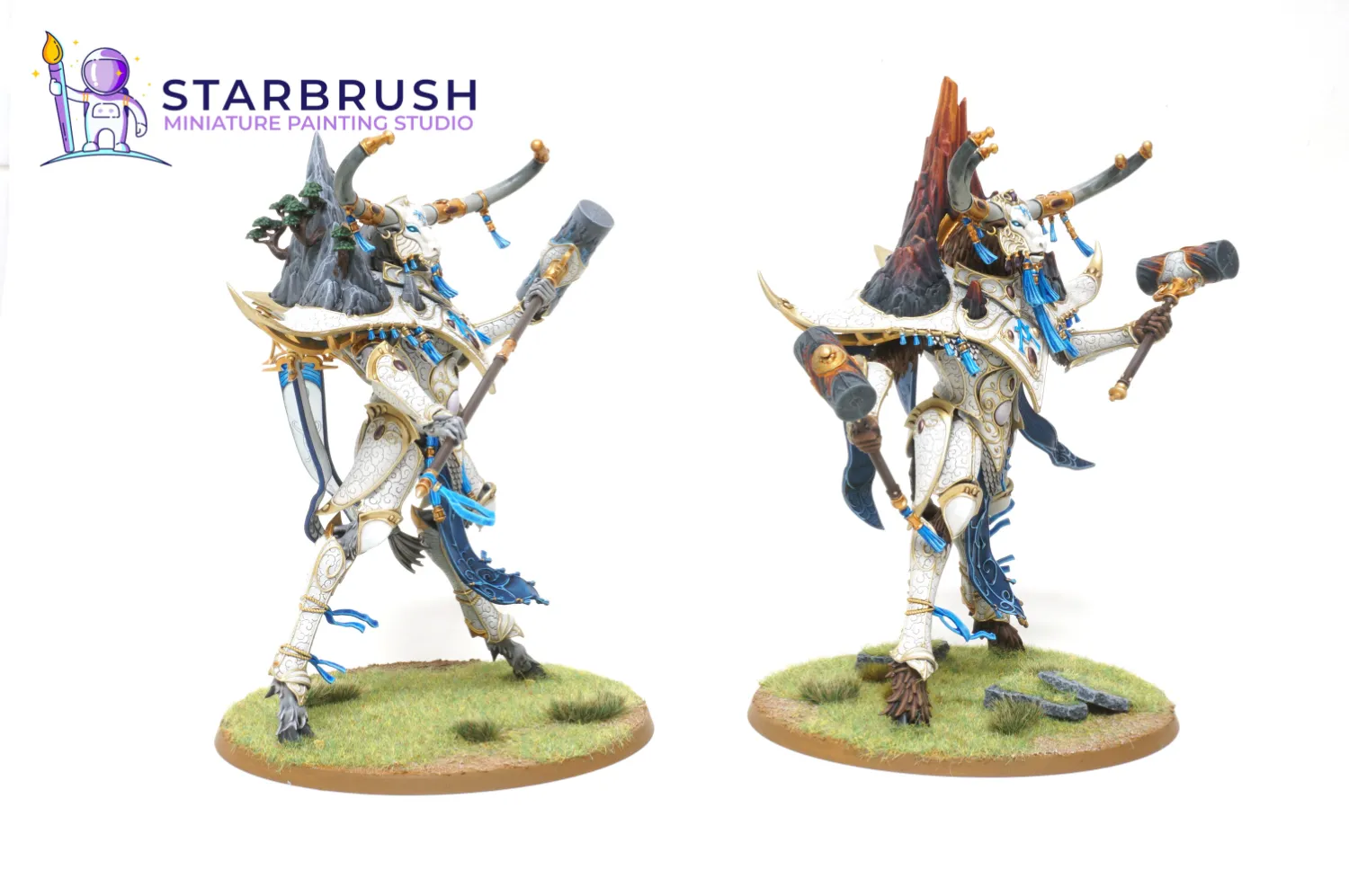 Detalle del yelmo y cuernos del Alarith Spirit of the Mountain con borlas azules