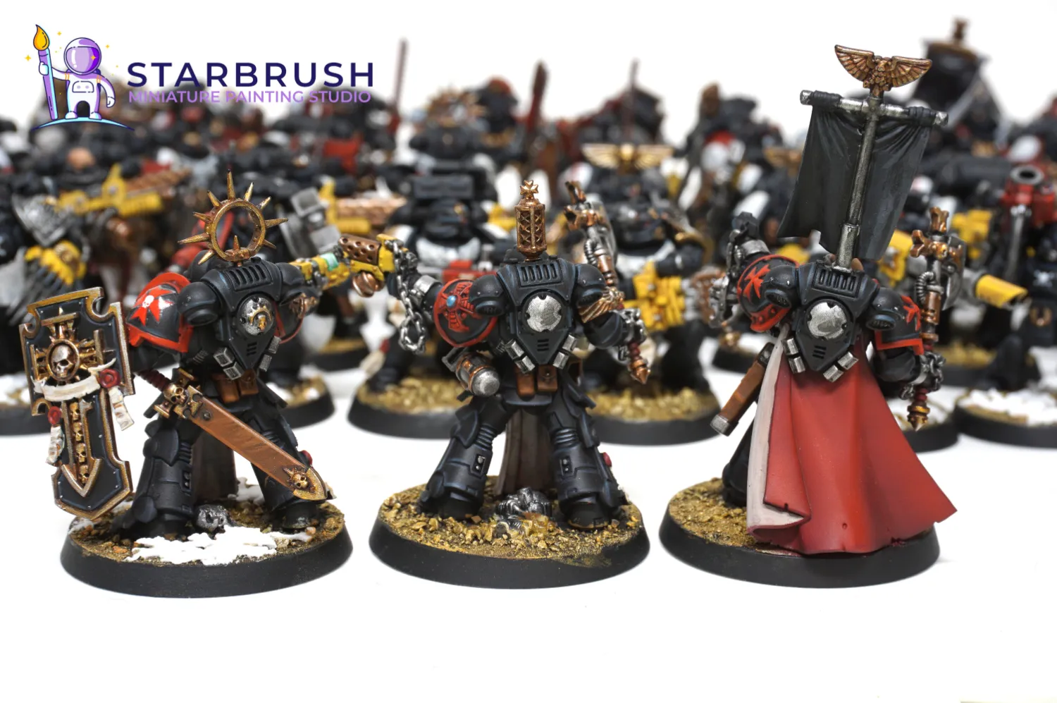 Primaris Crusader Squad with bolt rifles and chainswords painted for tabletop play