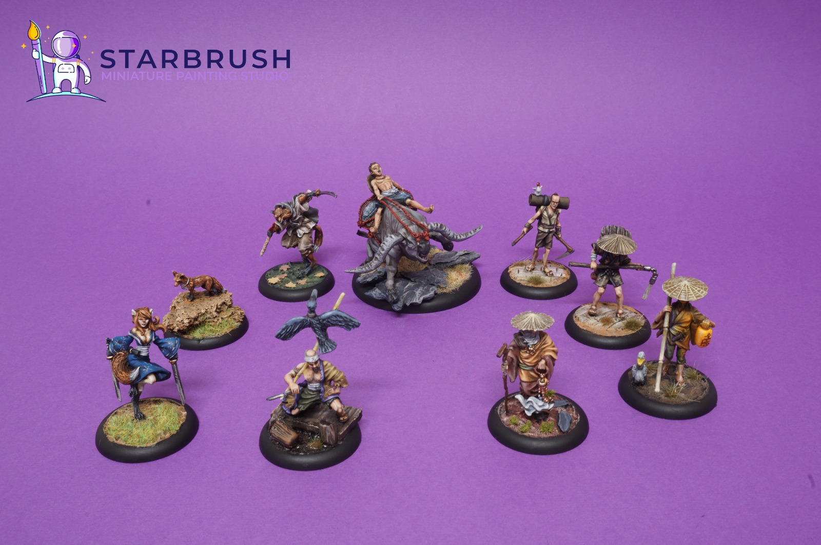 Oriental skirmish miniatures from Bushido the Game showing peasants, monks and Yokai spirits painted to Level 3 on scenic bases with water effects