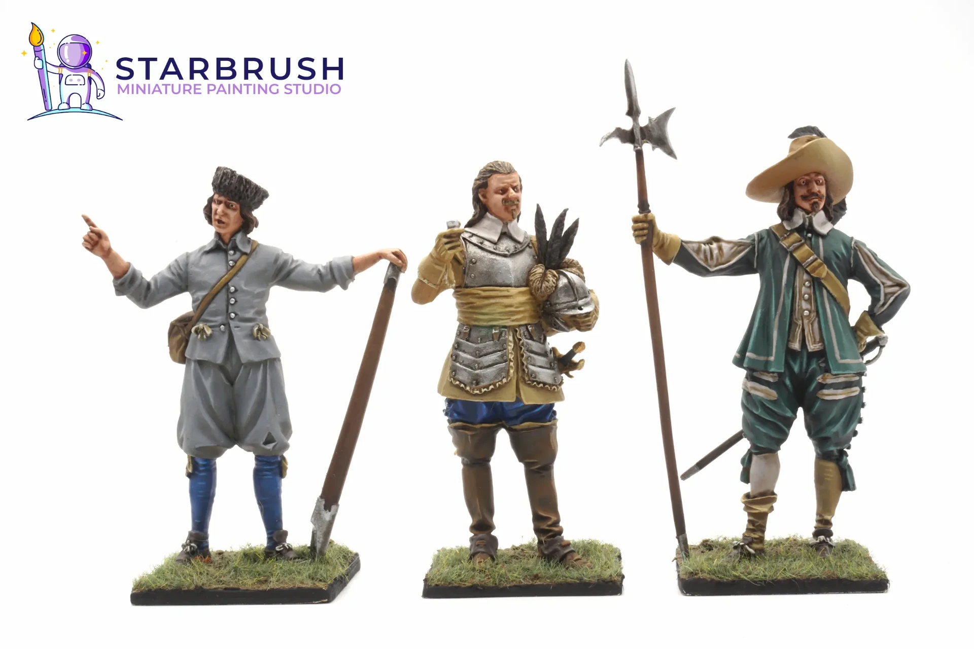 Vista frontal de tres miniaturas históricas del siglo XVII incluyendo un oficial con coraza y un alabardero pintadas a Nivel 3 por Starbrush Studio en febrero de 2023