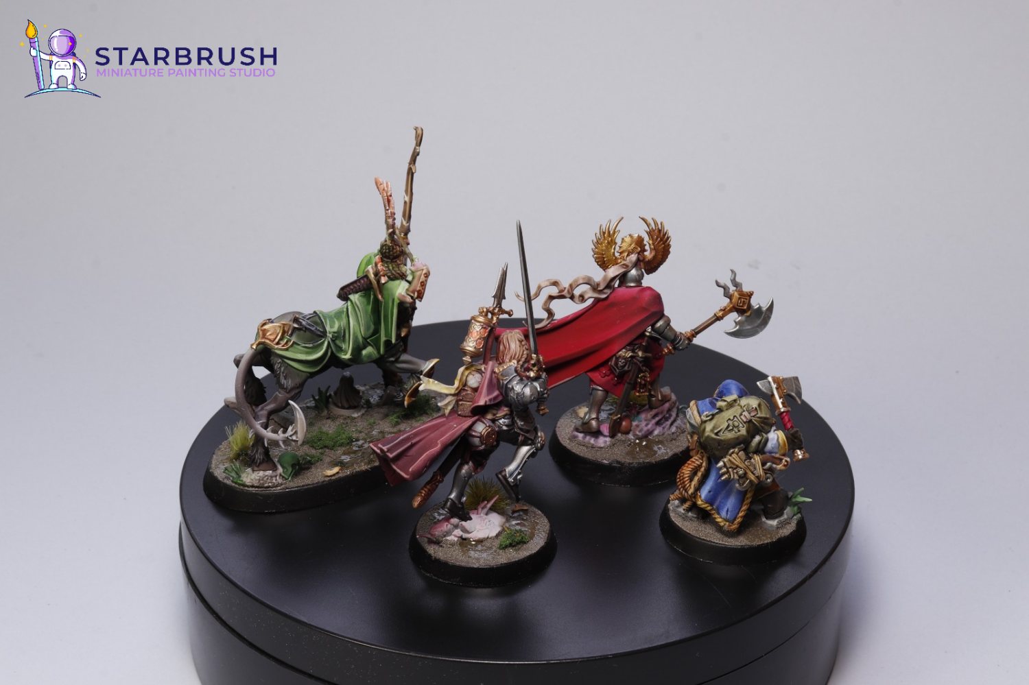 Grupo de héroes de Warhammer Quest Aguaoscura pintados a Nivel 1 y reunidos sobre peanas con tierra y vegetación