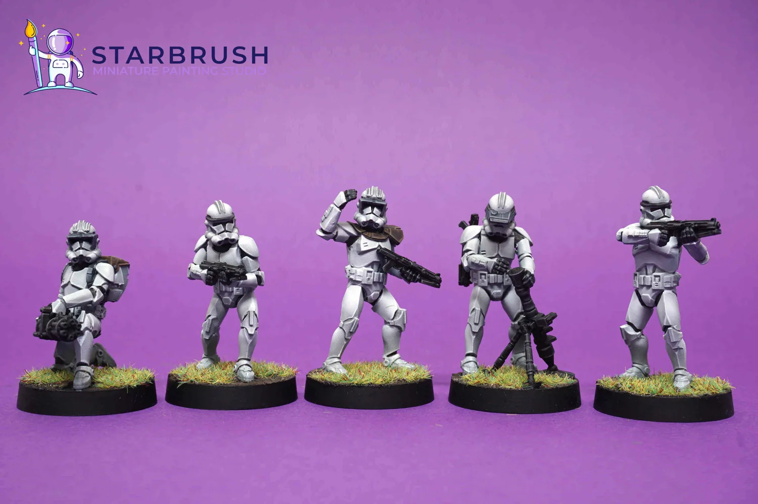 Phase II clone squad with mortar and support weapons on lush meadow bases