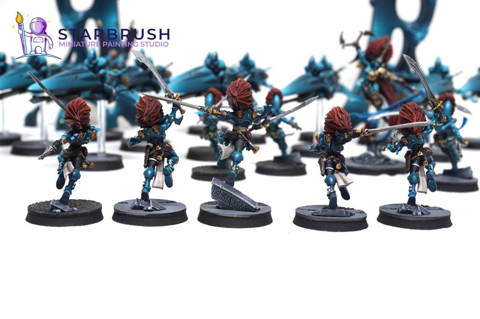 Howling Banshees Aeldari pintadas en turquesa con Exarca