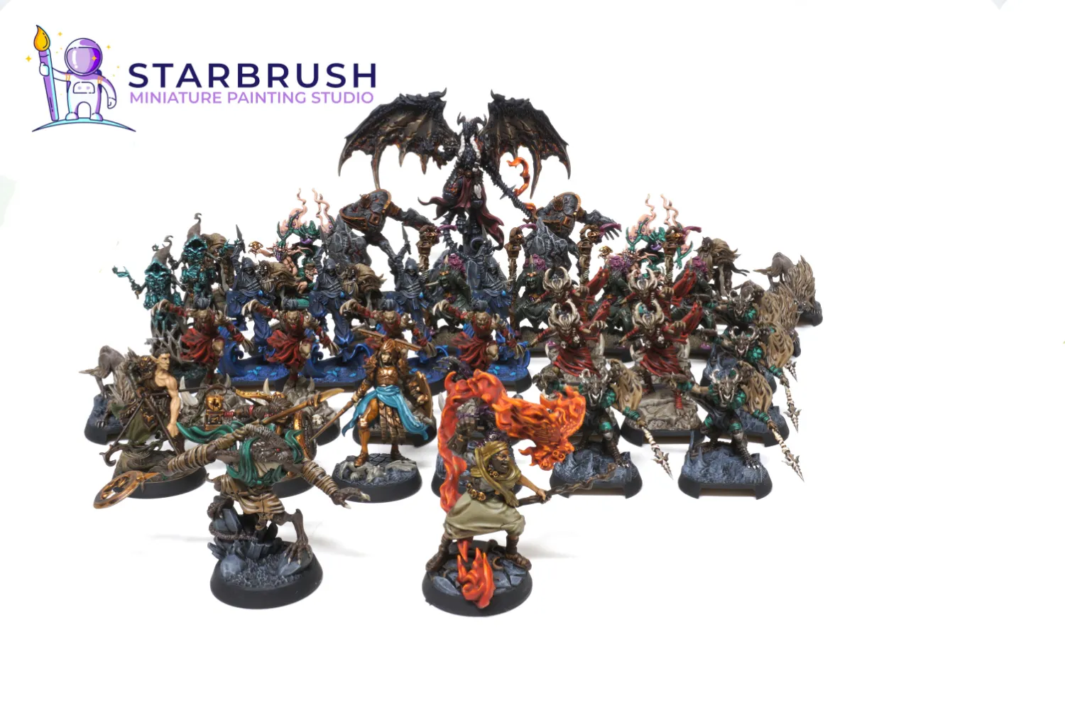 Descent enemy miniatures colour-coded in spectral blue and crimson red painted to Level 3