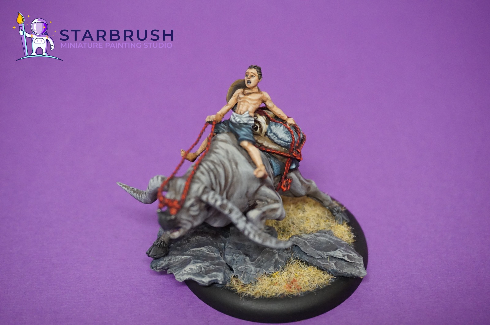 Water buffalo and young peasant rider from Bushido Risen Sun painted to Level 3 with fur texturing and stream scenic base