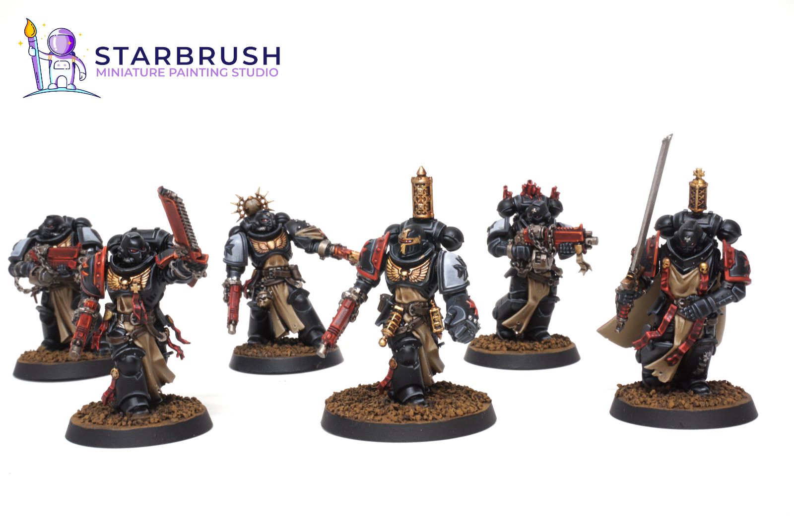 Black Templars Sword Brethren squad for Warhammer 40000 painted to Level 1 by Starbrush Studio with black armour and red trim