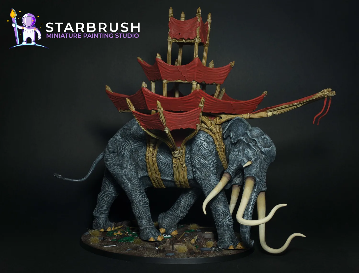 Bestia de asedio Mûmak de Harad con estructura roja para Middle-earth Strategy Battle Game pintado a Nivel 2 por Starbrush Studio