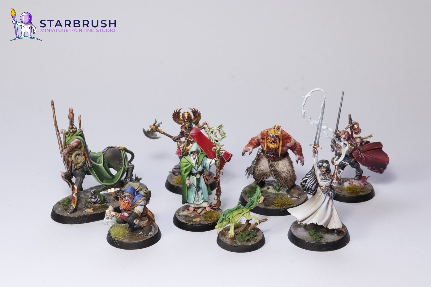 Héroes de la caja básica de Warhammer Quest Aguaoscura pintados a Nivel 1 por Starbrush Studio, mostrando a los personajes sobre peanas decoradas con vegetación