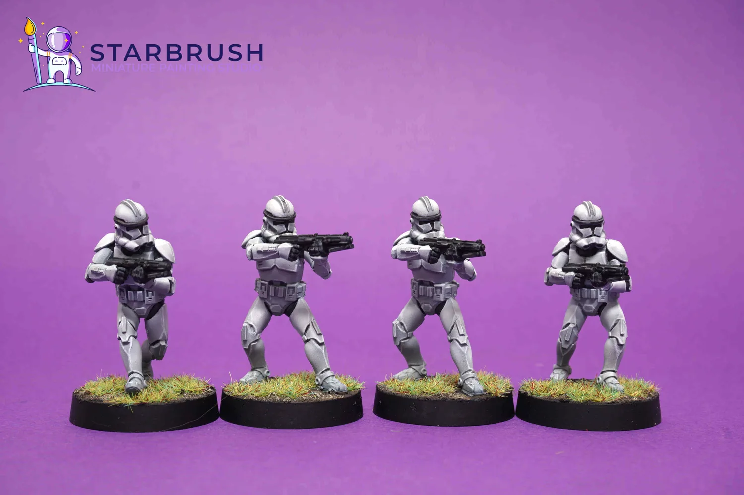 Group of Phase II clones in firing poses with volumetric white armour