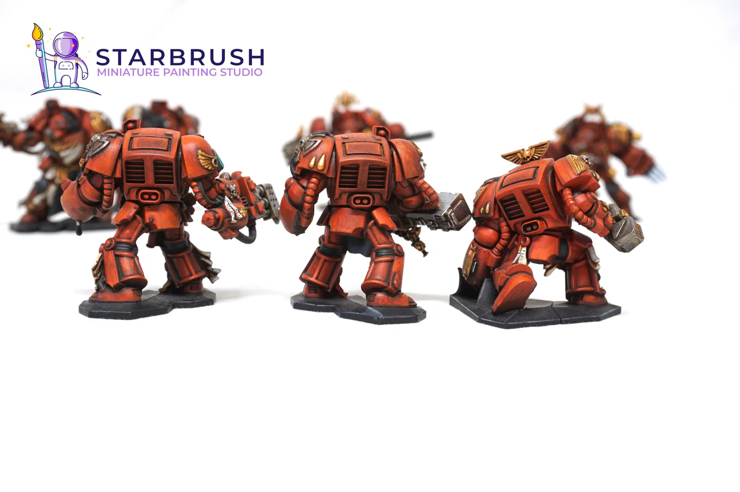 Escuadra de Exterminadores de los Ángeles Sangrientos de Space Hulk pintada a Nivel 2 con armaduras rojas y sombreado en panel