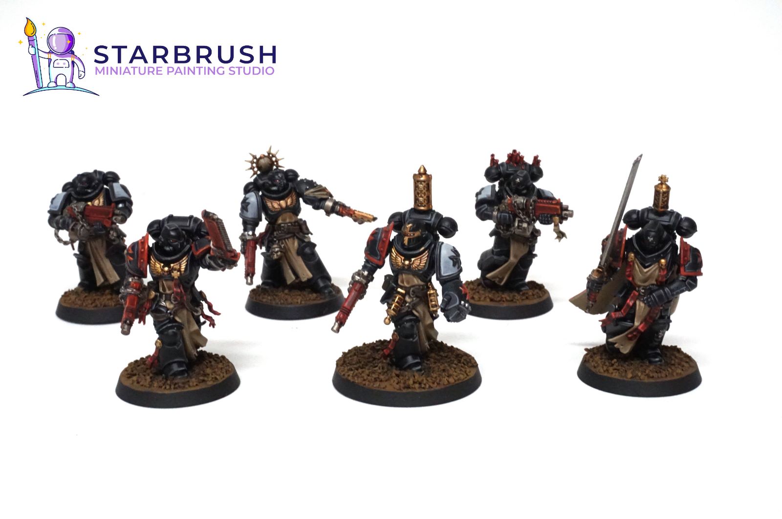 Veteran Sword Brother Space Marine with power sword and white pauldron bearing a Templar cross painted to Level 1