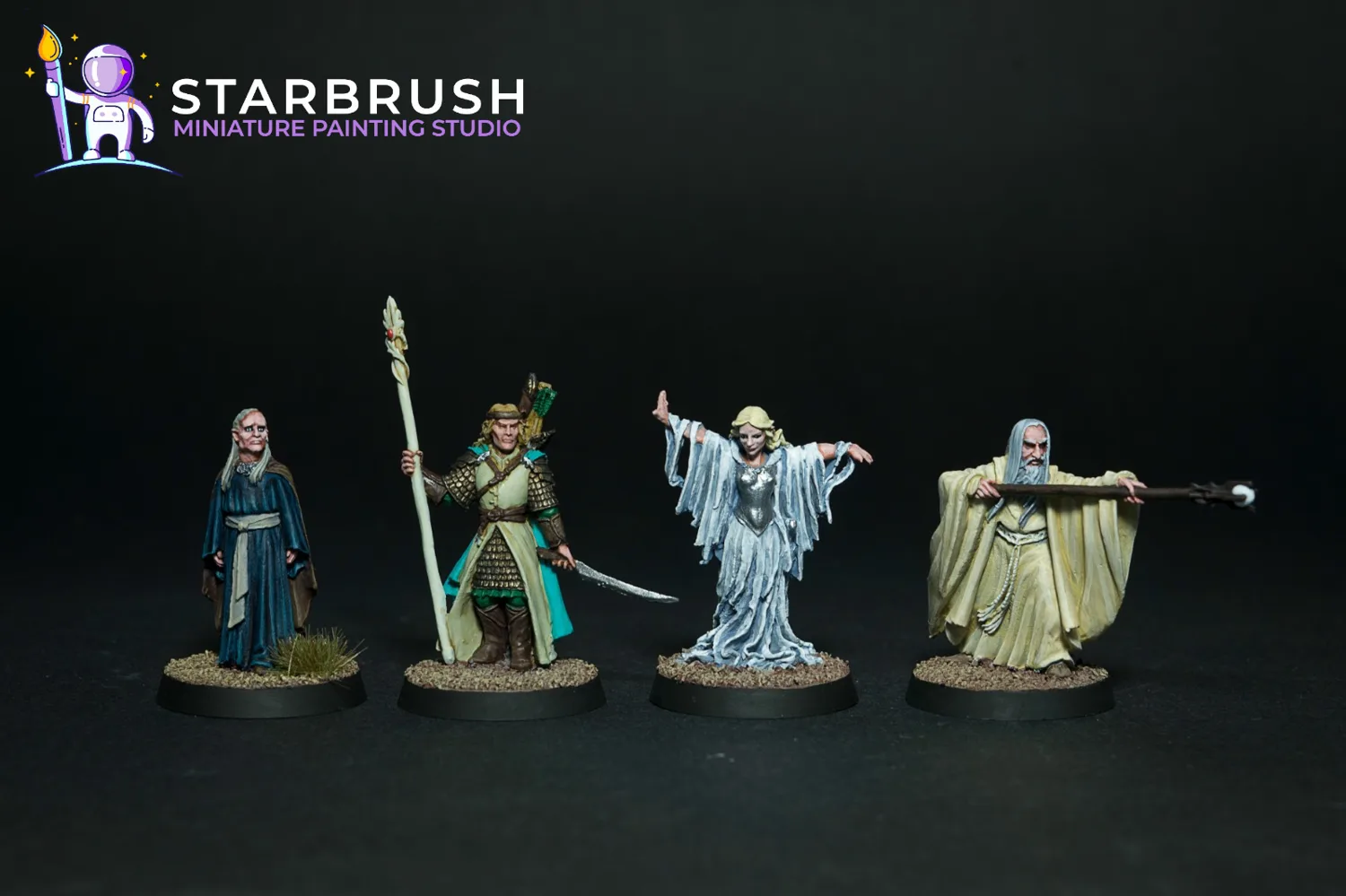 Héroes de la Tierra Media: Elrond, Legolas, Galadriel espectral y Saruman el Blanco pintados a Nivel 2