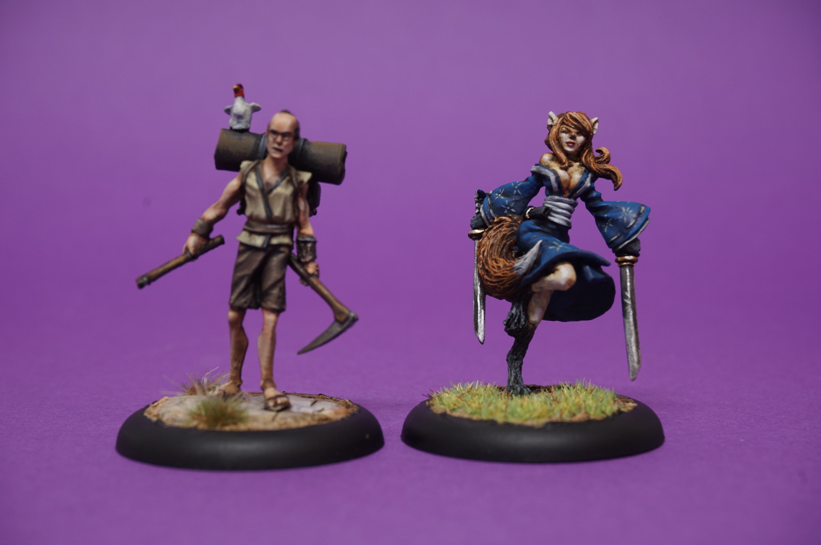 Kitsune fox woman in indigo blue kimono and loaded peasant from Bushido painted to Level 3