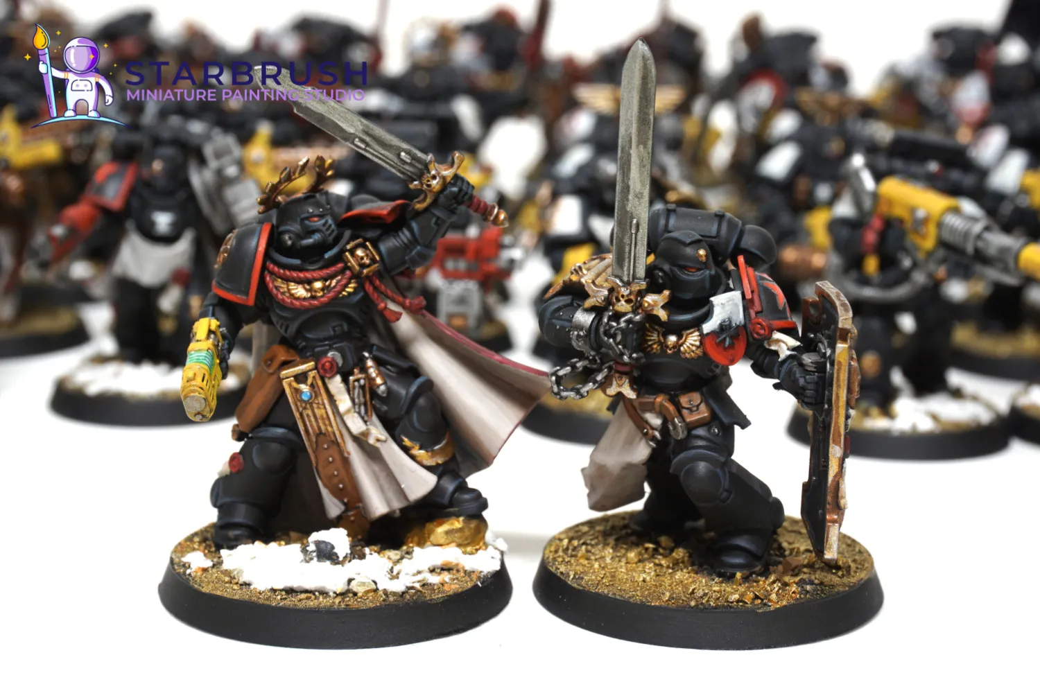Black Templars Bladeguard Veterans with relic shields and matte black armour