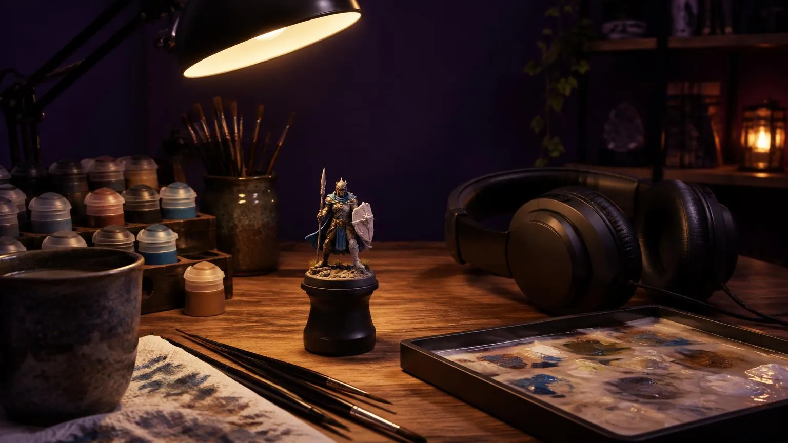 Miniature painting desk with headphones, brushes and a half-painted fantasy miniature