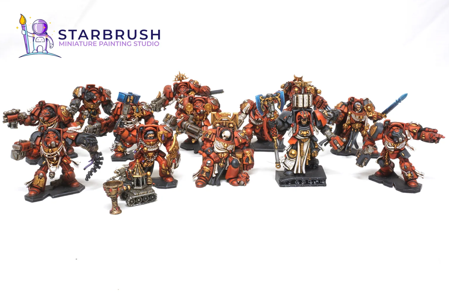 Escuadra de Exterminadores de los Ángeles Sangrientos de Space Hulk pintada a Nivel 2 con armaduras rojas y sombreado en panel