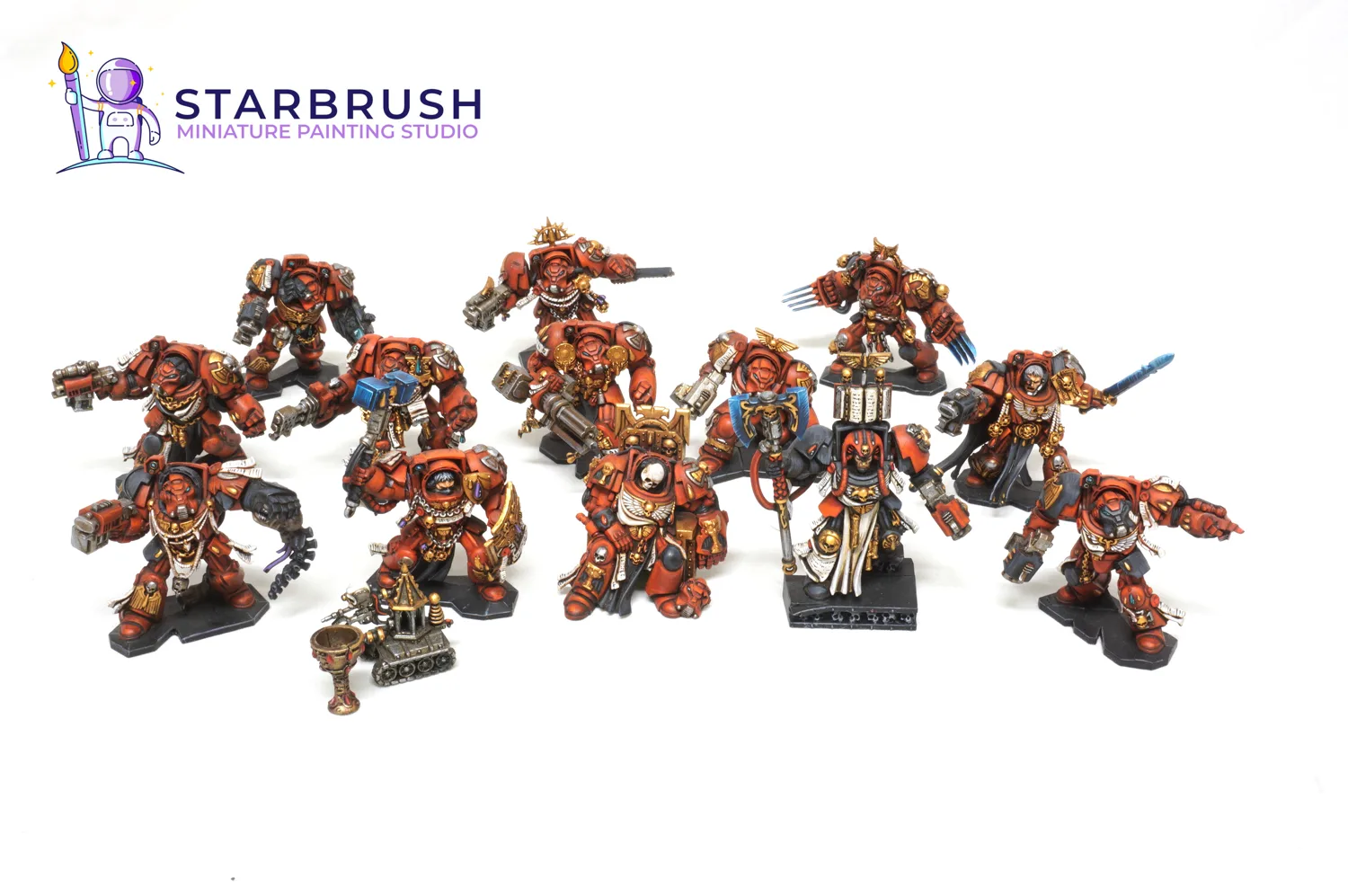 Enjambre de Genestealers con caparazones oscuros y peanas industriales de Space Hulk pintados a Nivel 2 por Starbrush Studio