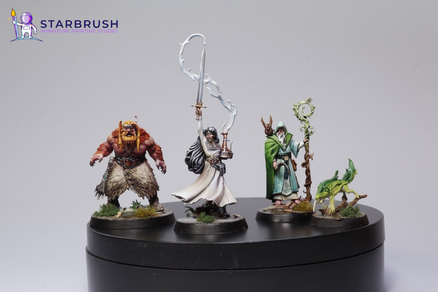 Aventureros de Warhammer Quest Darkwater pintados a Nivel 1, con armas, báculos y colores contrastados para el tablero