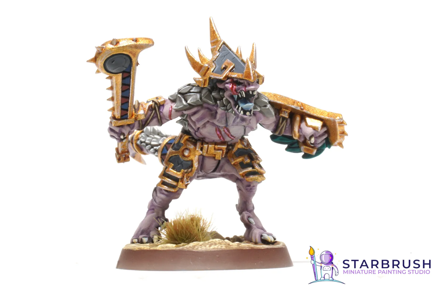 Perfil del Saurus Sunblood albino tributo a Gor-Rok con maza dentada y escudo ceremonial para Warhammer Age of Sigmar