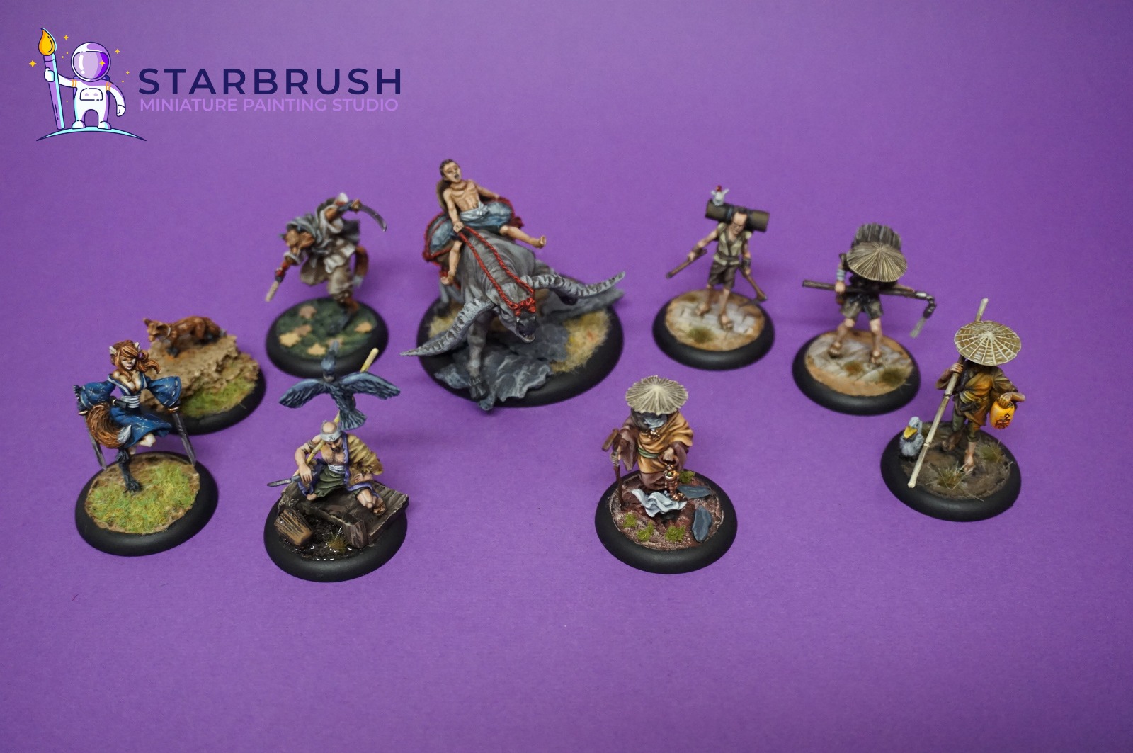 Temple of Ro-Kan and Kami warband for Bushido The Game with water buffalo, monks and fox woman painted to Level 3 by Starbrush Studio in August 2022