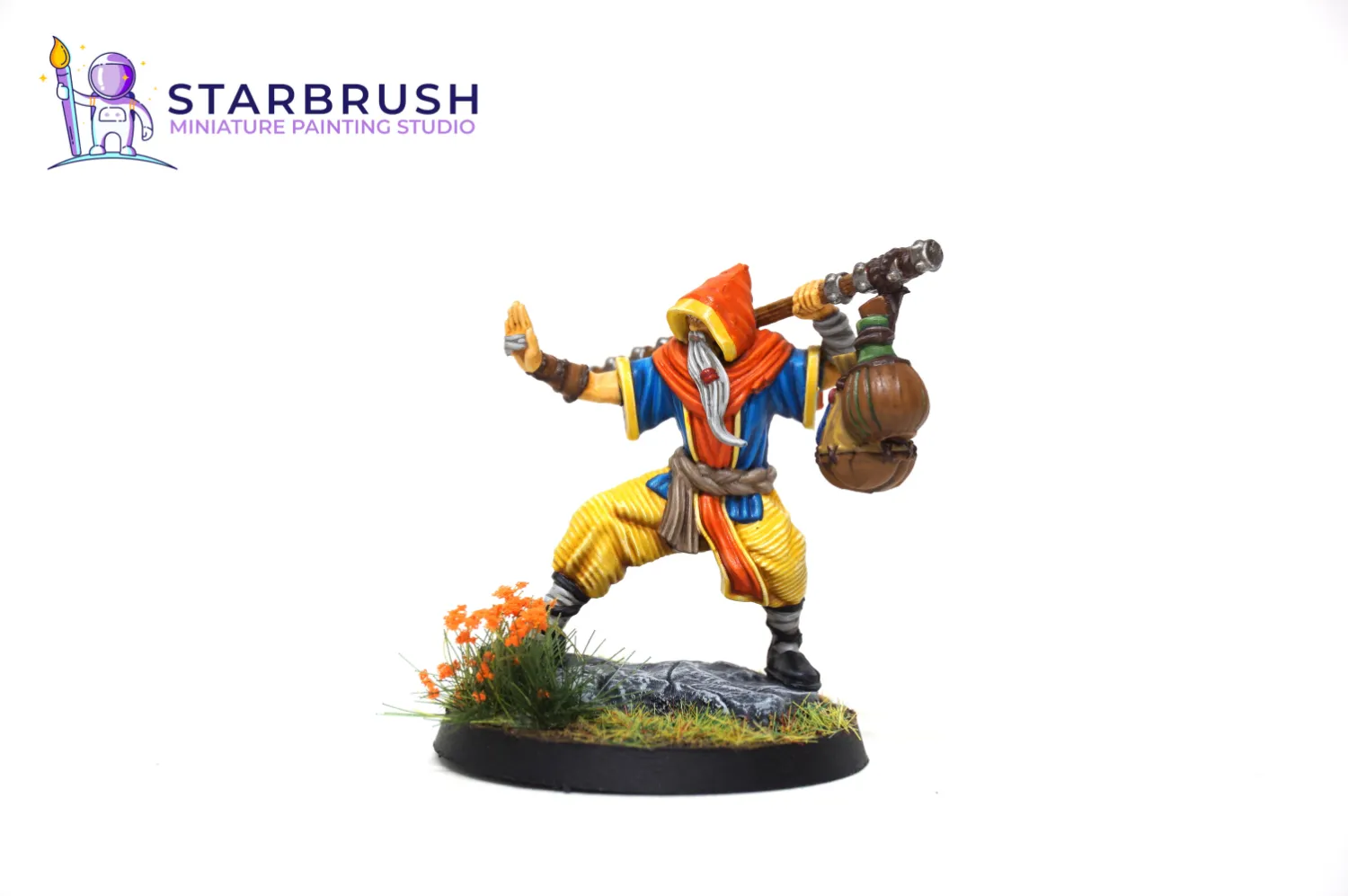 Perfil derecho del monje de D&D mostrando el contraste de colores primarios en túnica y pantalones bombachos a Nivel 2