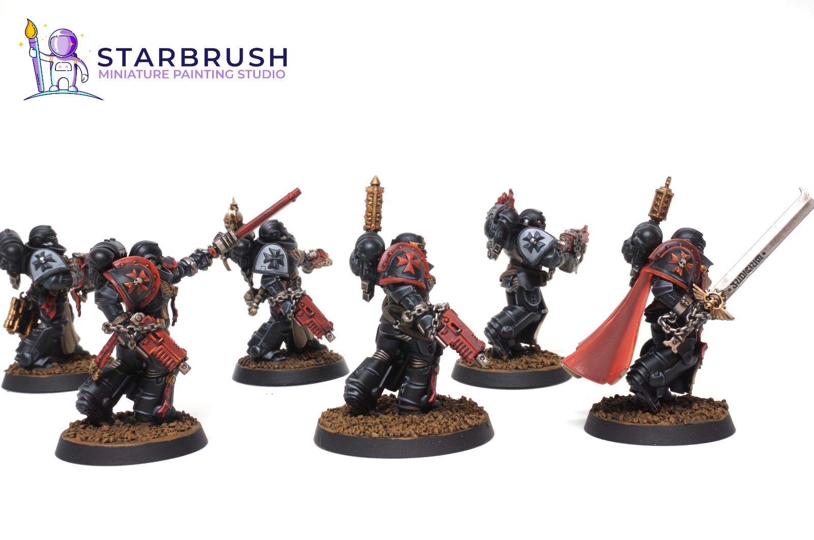Black Templars Sword Brethren elite infantry with red weapons on arid tabletop bases against a white background