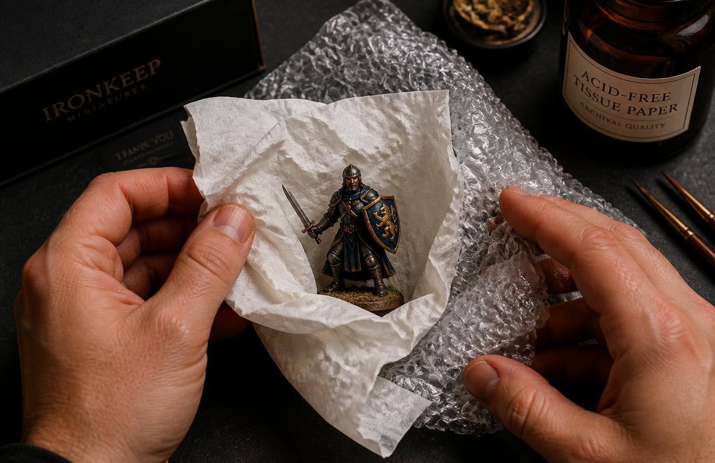 Manos envolviendo una miniatura de caballero con papel de seda y burbuja pequeña